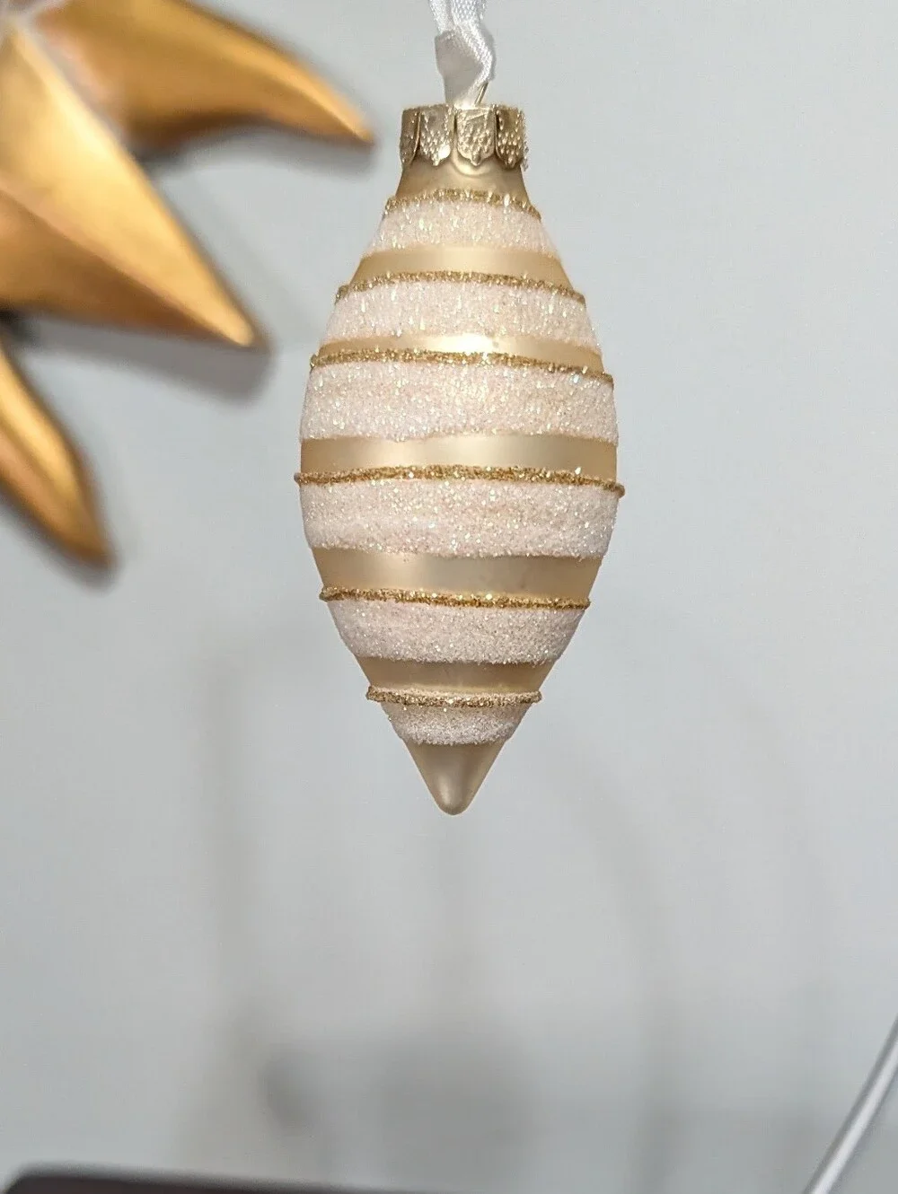 Vintage Box 9 Pc CHRISTMAS ORNAMENTS Satin GLITTER STRIPE Cream & Gold Teardrop